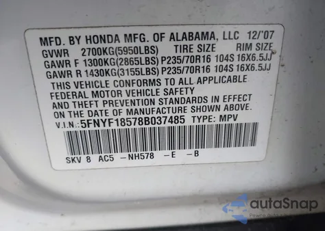 2008 Honda Pilot Ex-L from USA, damaged, VIN 5FNYF18578B037485